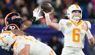 Tennessee quarterback Joey Aguilar (6) pulls back for the throw during the Music City Bowl NCAA college football game against Illinois on Dec. 30, 2025, in Nashville, Tennessee.