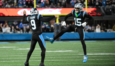 Jan 10, 2026; Charlotte, NC, USA; Carolina Panthers quarterback Bryce Young (9) and wide receiver Jimmy Horn Jr. (15) reacts in the fourth quarter in an NFC Wild Card Round game at Bank of America Stadium.
