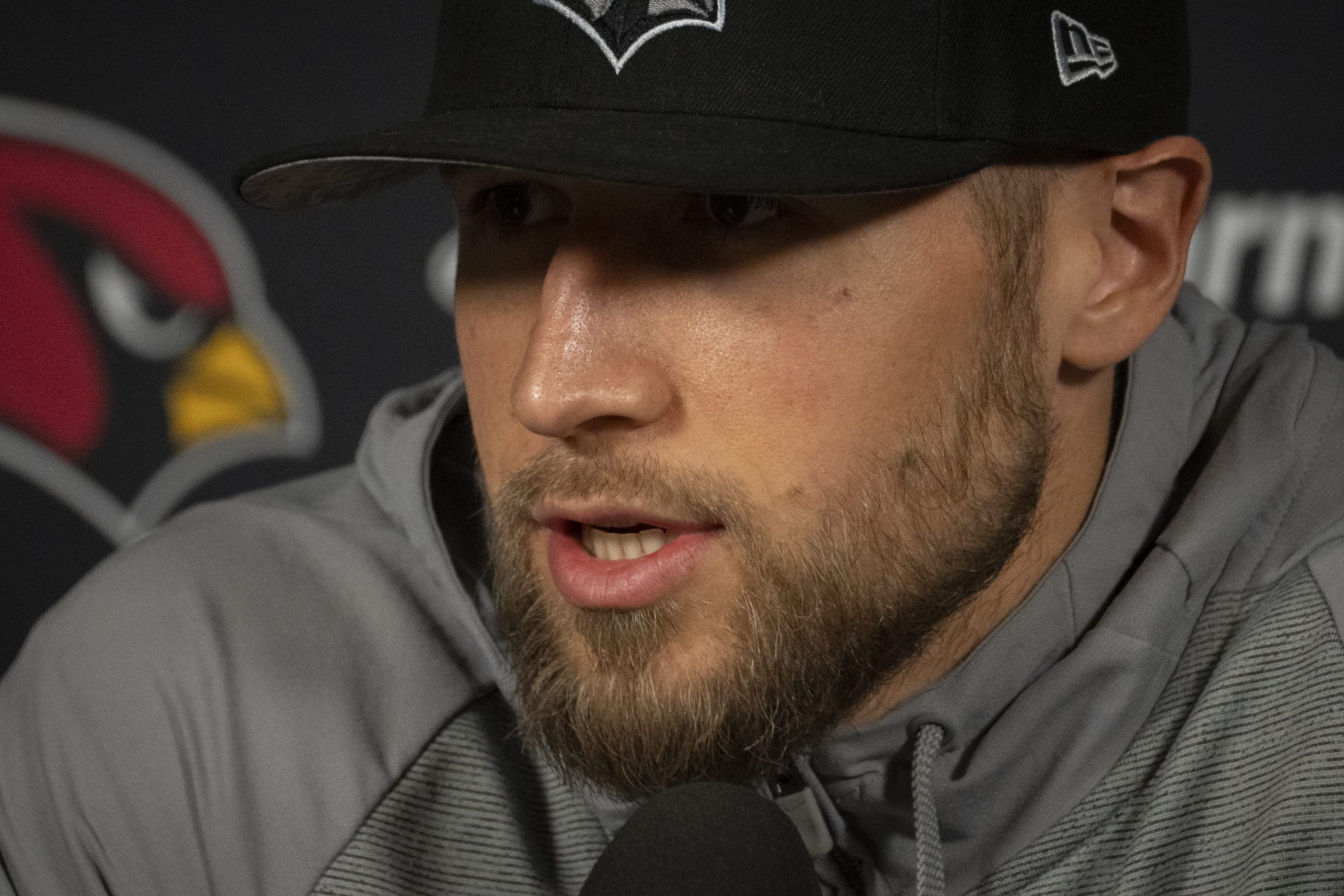 Nick Rallis (defensive coordinator) answers questions during a news conference at the Arizona Cardinals training facility in Tempe on Feb. 18, 2026. Syndication: Arizona Republic
