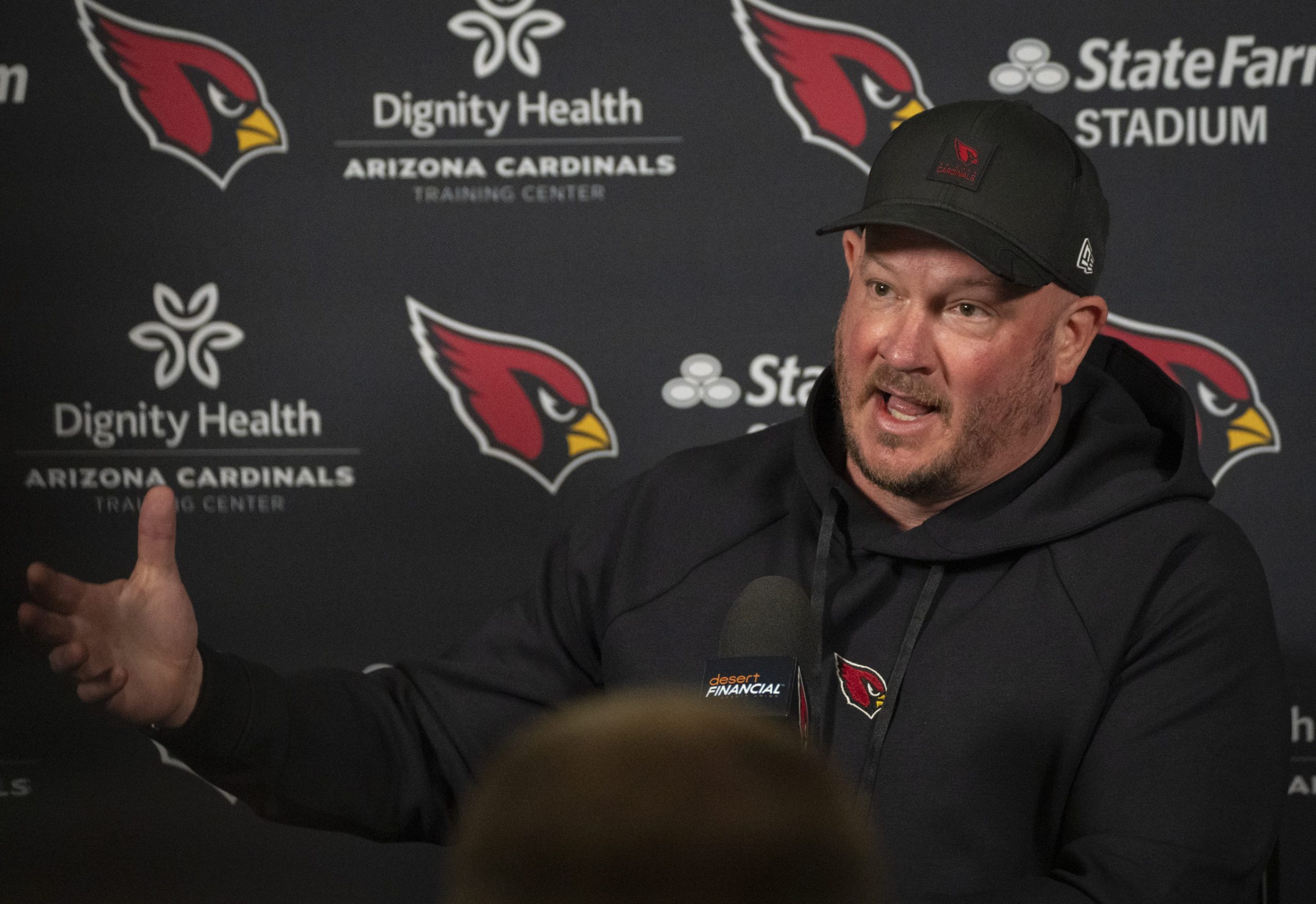 Nathaniel Hackett (offensive coordinator) answers questions during a news conference at the Arizona Cardinals training facility in Tempe on Feb. 18, 2026. Syndication: Arizona Republic