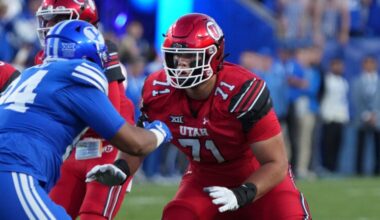 Utah offensive lineman Caleb Lomu (71) prepares to block BYU defensive end Anisi Purcell (94) during the first half of an NCAA college football game, Saturday, Oct. 18, 2025, in Provo, Utah.