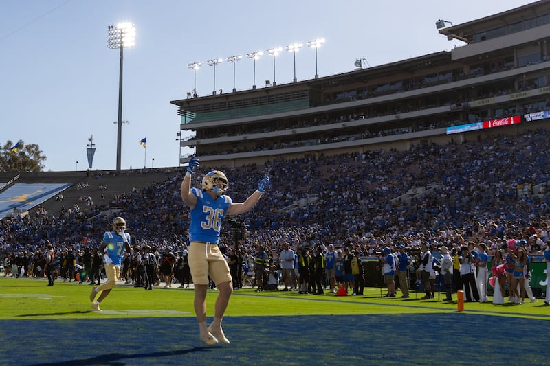 PASADENA, CA - OCTOBER 04: UCLA Bruins linebacker Wyatt Mosier #36 hypes the crowd following a kickoff during a college football game between the UCLA Bruins and the Penn State Nittany Lions on October 4, 2025, at the Rose Bowl in Pasadena, CA. (Photo by Greg Fiore/Icon Sportswire via Getty Images)