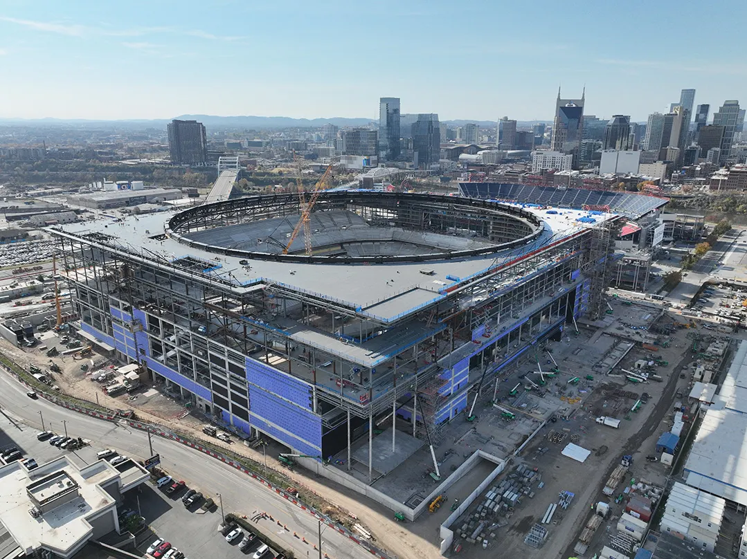 An aerial view of an NFL stadium underconstruction.