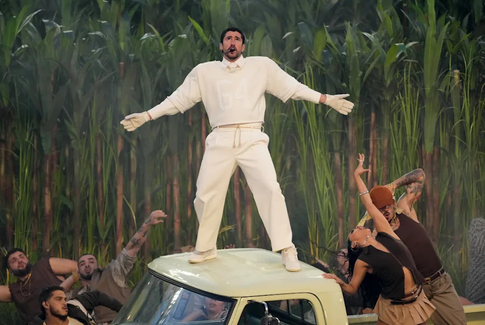 Feb 8, 2026; Santa Clara, CA, USA; Recording artist Bad Bunny performs at halftime in Super Bowl LX between the New England Patriots and the Seattle Seahawks at Levi's Stadium. Mandatory Credit: Kirby Lee-Imagn Images© Kirby Lee-Imagn Images