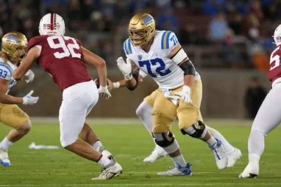 Oct 21, 2023; Stanford, California, USA; UCLA Bruins offensive lineman Garrett DiGiorgio (72) blocks Stanford Cardinal linebacker Lance Keneley (92) during the first quarter at Stanford Stadium. Mandatory Credit: Darren Yamashita-USA TODAY Sports