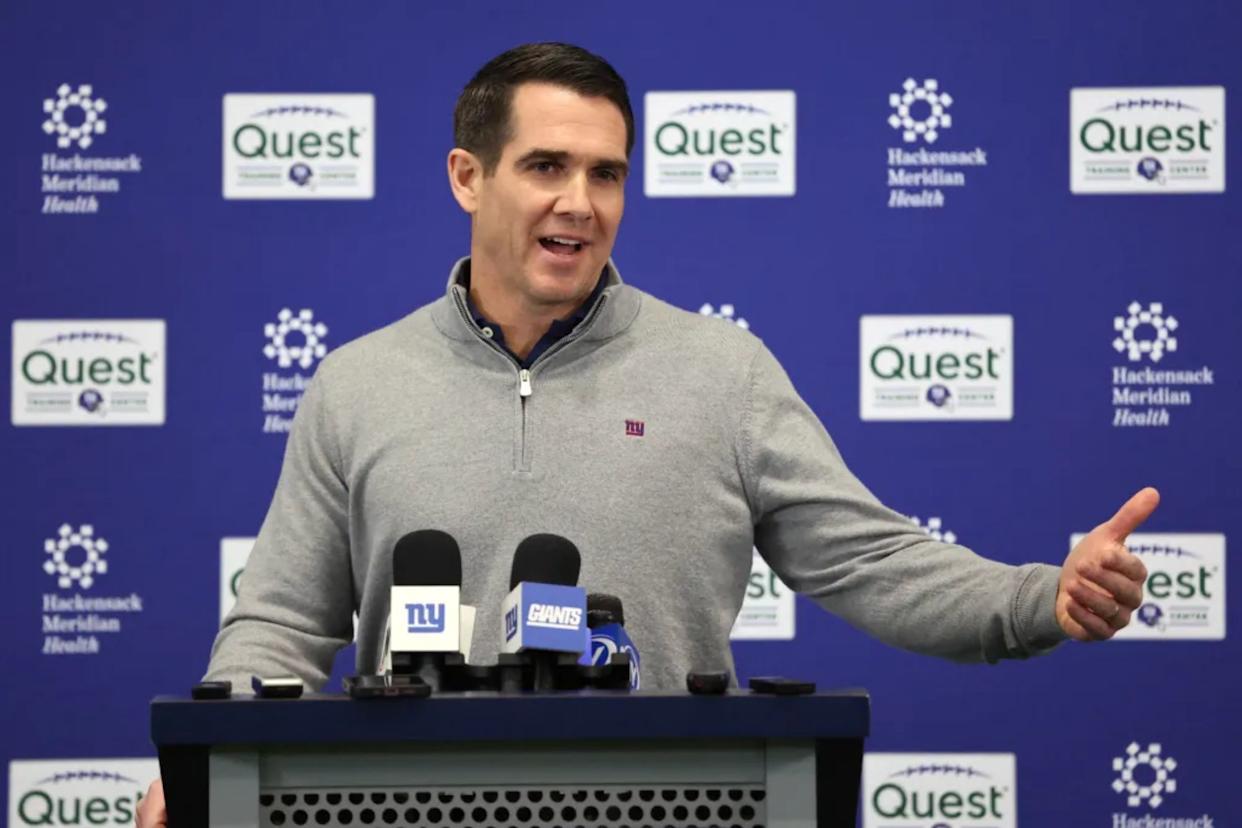 An image collage containing 1 images, Image 1 shows Giants GM Joe Schoen speaking to the media as the Giants players were cleaning out their lockers at the New York Giants training facility in East Rutherford, New Jersey