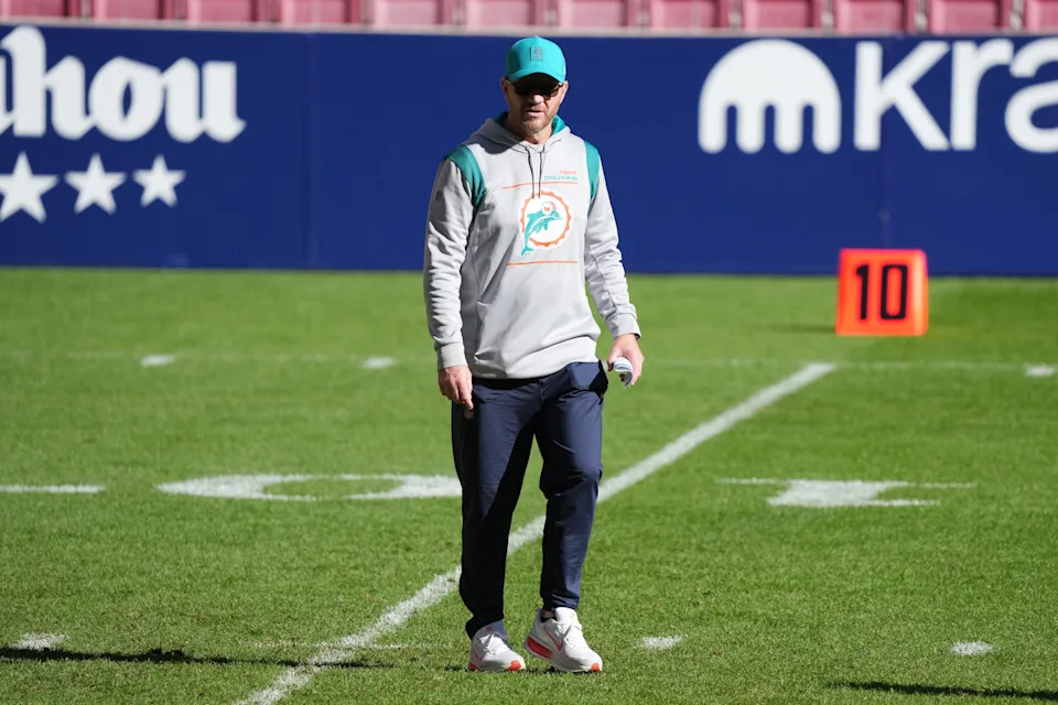 Nov 12, 2025; Madrid, Spain; Miami Dolphins quarterbacks coach Darrell Bevell during practice at Estadio Riyadh Air Metropolitano. Mandatory Credit: Kirby Lee-Imagn Images