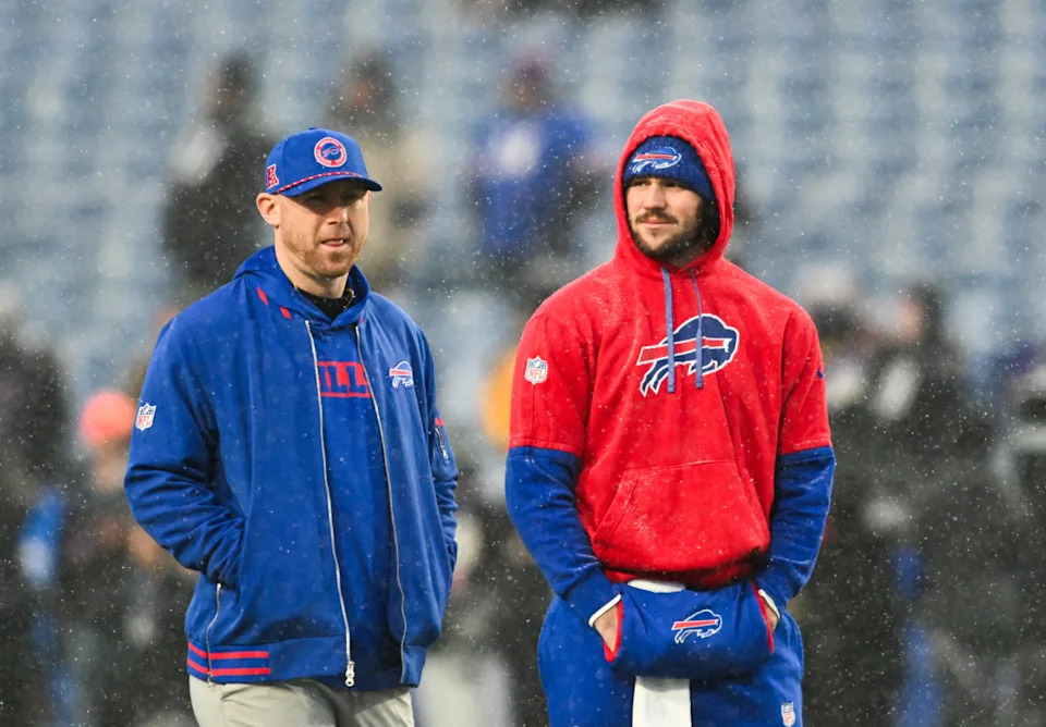 Buffalo Bills head coach Joe Brady (left) and quarterback Josh Allen.Mark Konezny-Imagn Images