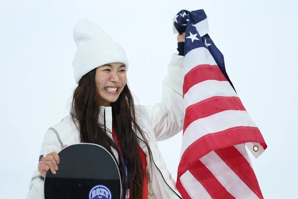 Chloe Kim of the United States celebrates her silver medal in the women's halfpipe final.