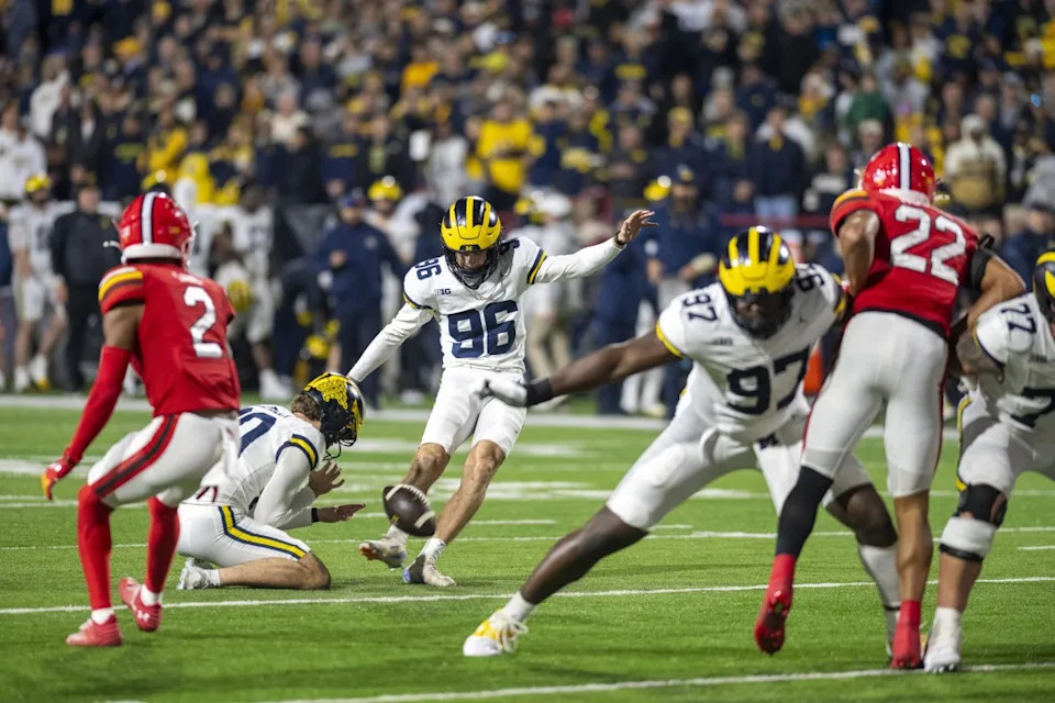 Nov 22, 2025; College Park, Maryland, USA; Michigan Wolverines kicker Dominic Zvada (96) kicks a field goal during the second half against the Maryland Terrapins at SECU Stadium. Mandatory Credit: Tommy Gilligan-Imagn ImagesKen Ruinard - GREENVILLE NEWS-USA TODAY Network via Imagn Images