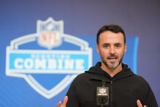 Feb 24, 2026; Indianapolis, IN, USA; Baltimore Ravens coach Jesse Minter speaks at the NFL Scouting Combine at the Indiana Convention Center. Mandatory Credit: Kirby Lee-Imagn Images