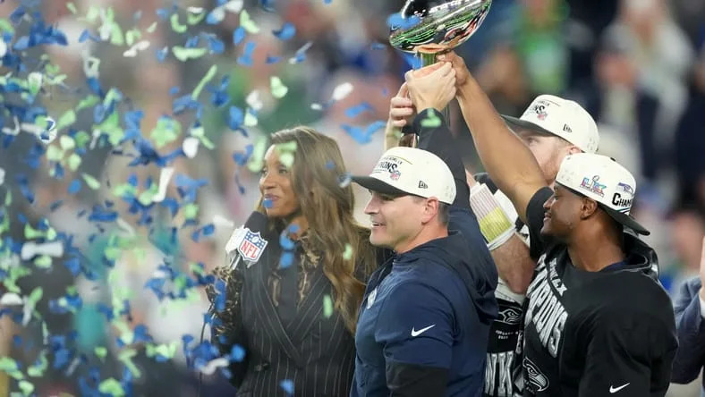 Seahawks head coach Mike Macdonald and RB Kenneth Walker at Super Bowl LX