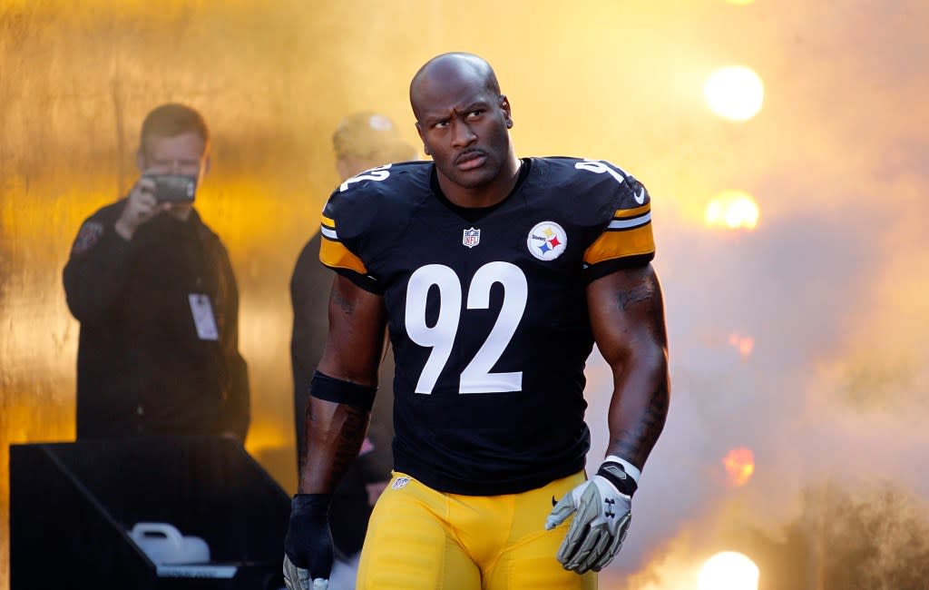 James Harrison of the Pittsburgh Steelers walks onto the field before the start of the game against the Oakland Raiders at Heinz Field on November 8, 2015 in Pittsburgh, Pennsylvania. Getty Images