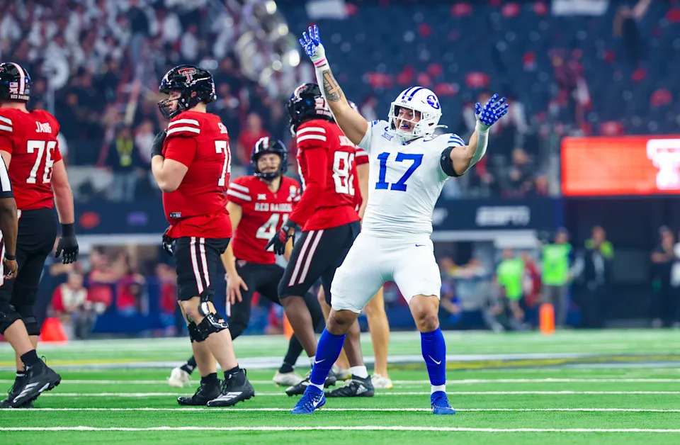 Dec 6, 2025; Arlington, TX, USA; BYU Cougars linebacker Jack Kelly (17) reacts after a missed field goal against the Texas Tech Red Raiders during the first halfat AT&T Stadium. Mandatory Credit: Kevin Jairaj-Imagn Images
