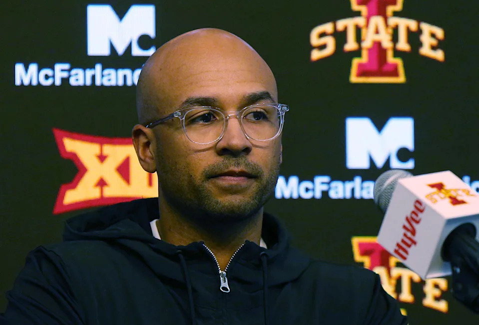 Iowa State's wide receiver coach Noah Pauley talks to media at the school football facility on Wednesday, April 10, 2024, in Ames, Iowa.&nbsp;© Nirmalendu Majumdar/Ames Tribune / USA TODAY NETWORK.