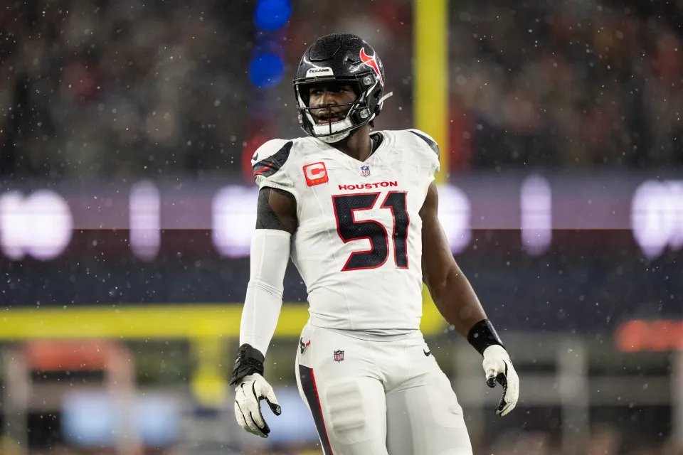 Will Anderson Jr. of the Houston Texans looks on during an NFC Divisional Playoff game against the New England Patriots at Gillette Stadium on January 18, 2026