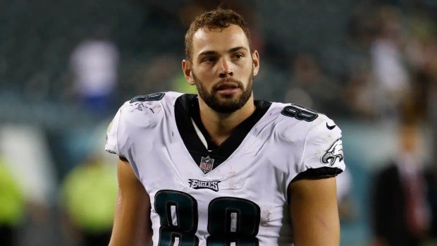 Philadelphia Eagles tight end Dallas Goedert looks on during an NFL preseason game against the Pittsburgh Steelers Thursday, Aug. 9, 2018, in Philadelphia. (Winslow Townson/Associated Press)