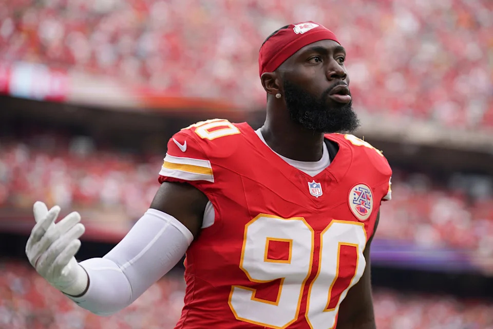 Sep 14, 2025; Kansas City, Missouri, USA; Kansas City Chiefs defensive end Charles Omenihu (90) looks on prior to the game against the Philadelphia Eagles at GEHA Field at Arrowhead Stadium. Mandatory Credit: Denny Medley-Imagn Images
