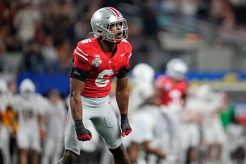 Ohio State Buckeyes safety Sonny Styles (6) celebrates a defensive stop during the first half of the Cotton Bowl Classic College Football Playoff semifinal game against the Texas Longhorns at AT&T Stadium in Arlington, Texas on Jan. 10, 2025.