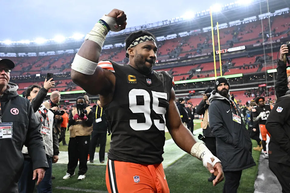 Dec 28, 2025; Cleveland, Ohio, USA; Cleveland Browns defensive end Myles Garrett (95) exits the field after the game against the Pittsburgh Steelers at Huntington Bank Field. Mandatory Credit: Ken Blaze-Imagn Images© Ken Blaze-Imagn Images&period;
