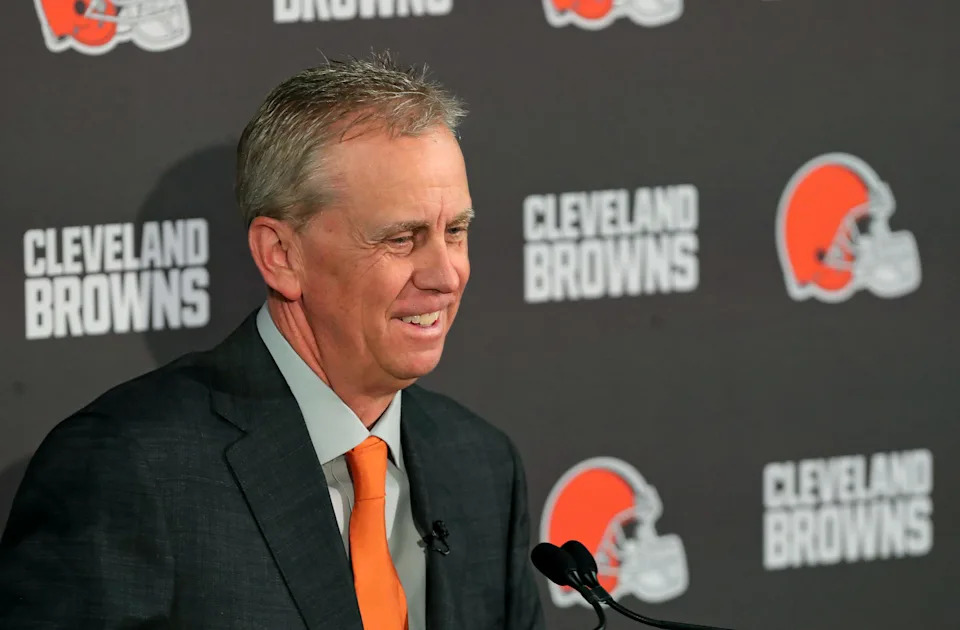 Todd Monken, new head coach of the Cleveland Browns, smiles as he talks about Myles Garrett during his introductory press conference at the team's training facility, Feb. 3, 2026.