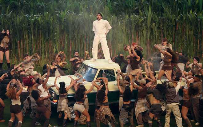 Bad Bunny performs during the 2026 Super Bowl halftime show