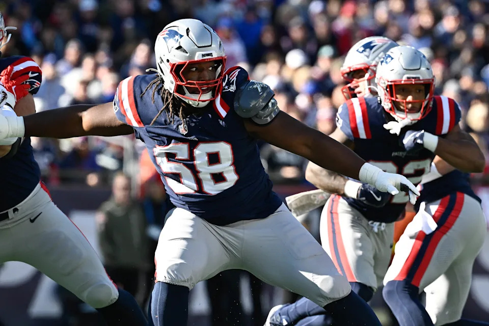 Nov 2, 2025; Foxborough, Massachusetts, USA; New England Patriots guard Jared Wilson (58) blocks during the first half against the Atlanta Falcons at Gillette Stadium.