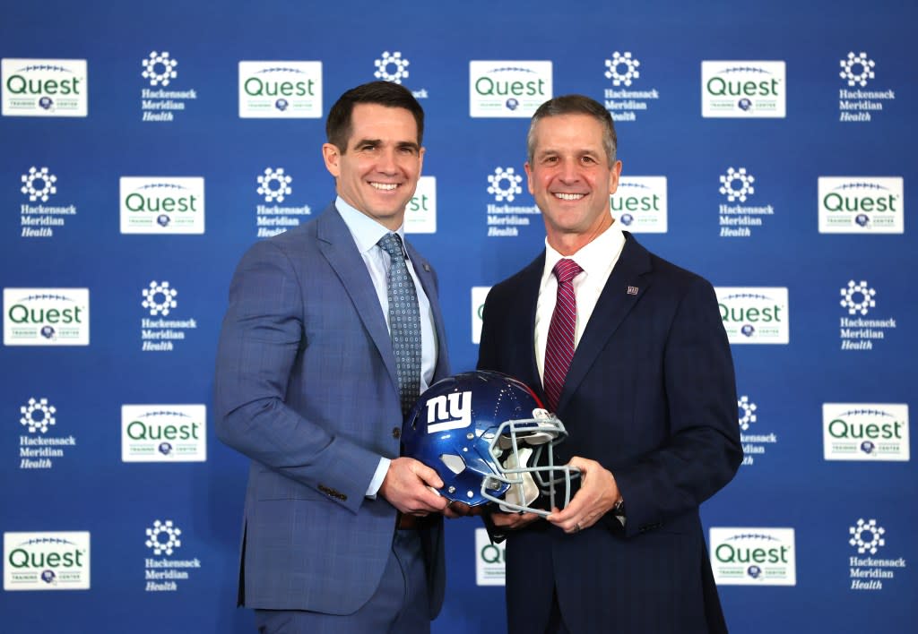 Giants head coach John Harbaugh and Giants GM Joe Schoen, pose for a photo. Charles Wenzelberg / New York Post