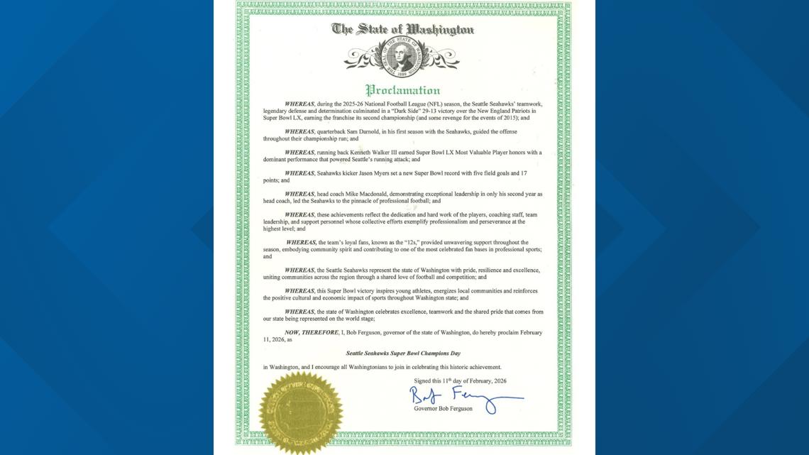 Gov. Bob Ferguson proclaims Feb. 11 'Seattle Seahawks Super Bowl Champions Day'
