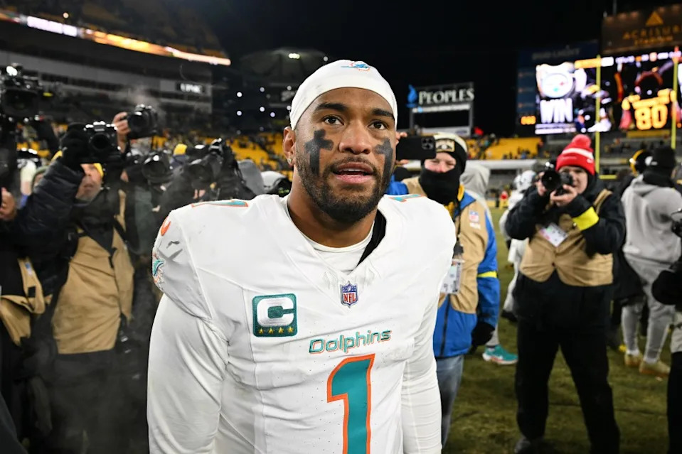 Miami Dolphins quarterback Tua Tagovailoa (1) walks off the field after an NFL football game against the Pittsburgh Steelers in Pittsburgh, Monday, Dec. 15, 2025. AP