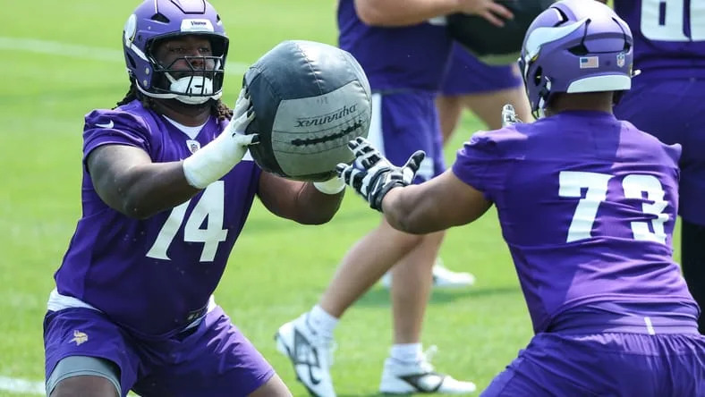 Jun 10, 2025; Minneapolis, MN, USA; Minnesota Vikings guard Donovan Jackson (74) and offensive tackle Walter Rouse (73) practice during minicamp at the Minnesota Vikings Training Facility. Mandatory Credit: Matt Krohn-Imagn Images