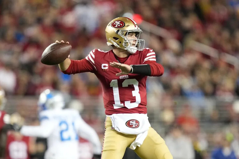 December 30, 2024; Santa Clara, California, USA; San Francisco 49ers quarterback Brock Purdy (13) passes the football against the Detroit Lions during the first quarter at Levi’s Stadium. Mandatory Credit: Kyle Terada-Imagn Images