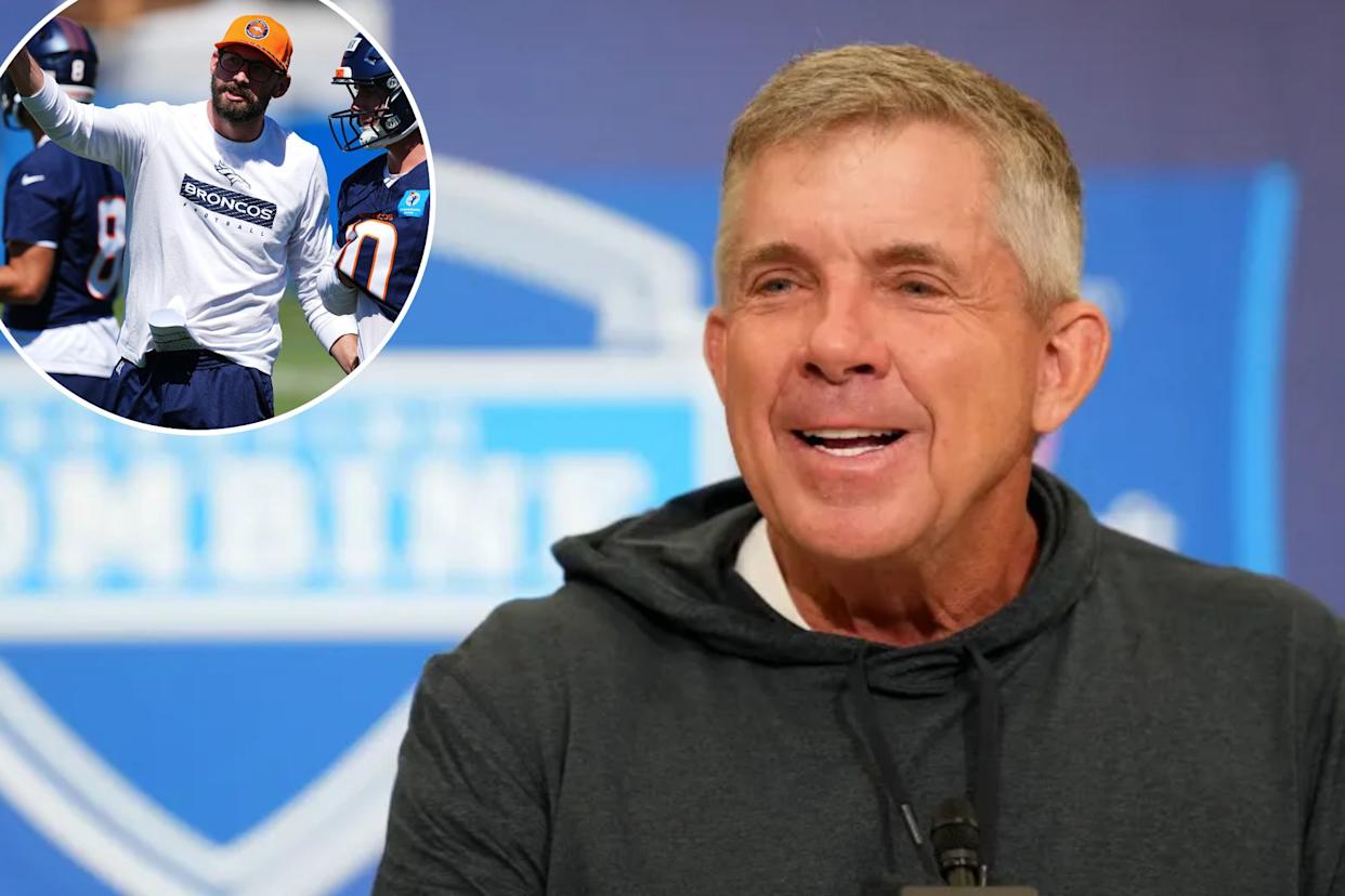 An image collage containing 2 images, Image 1 shows Denver Broncos coach Sean Payton speaks at the NFL Scouting Combine at the Indiana Convention Center. , Image 2 shows Denver Broncos quarterbacks coach Davis Webb, left, directs quarterback Bo Nix during Back Together Weekend at an NFL football training practice, July 26, 2025, in Centennial, Colo