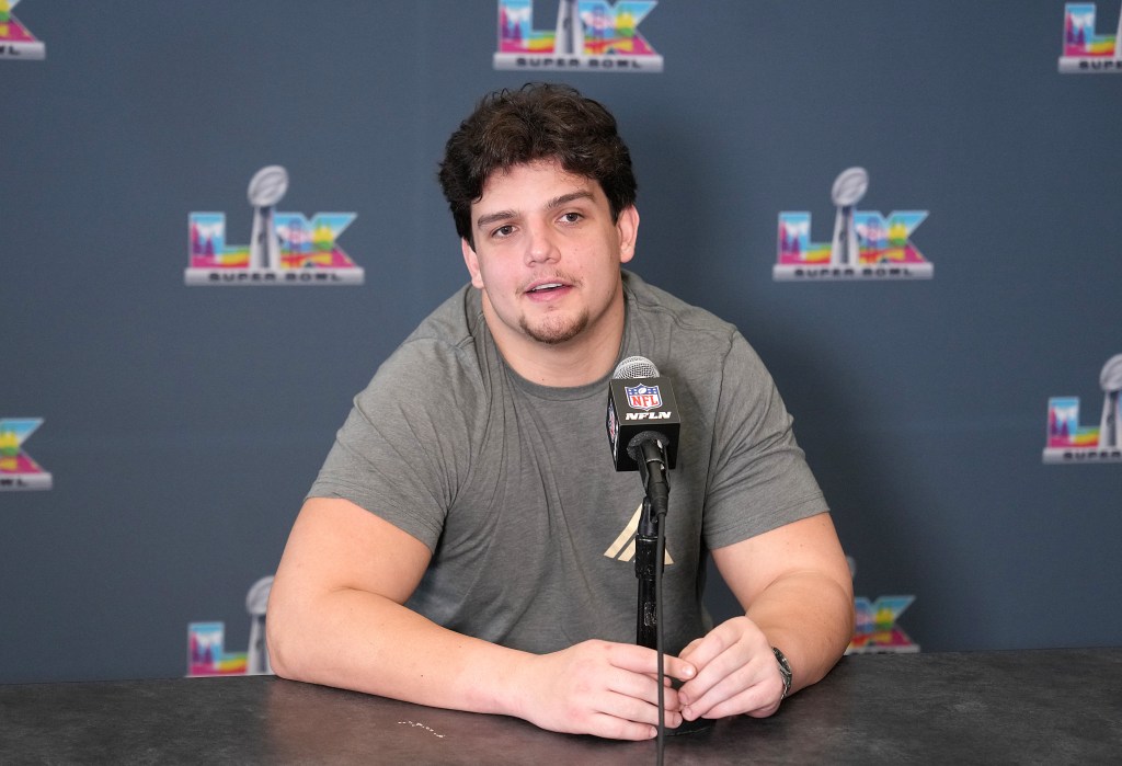 Will Campbell #66 of the New England Patriots addresses the media.