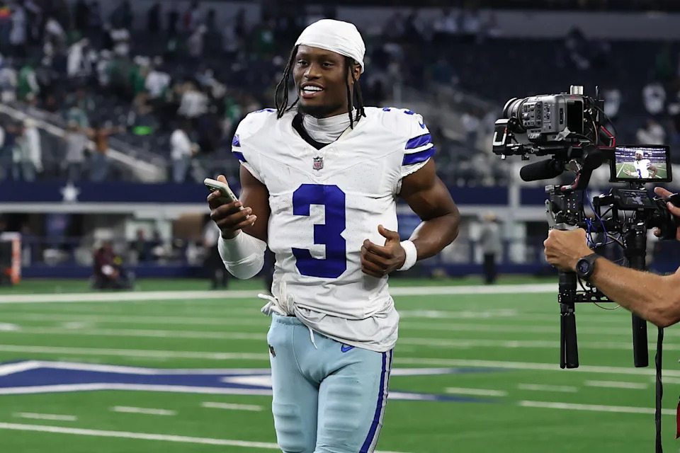 ARLINGTON, TEXAS - NOVEMBER 23: George Pickens #3 of the Dallas Cowboys walks off the field after the game against the Philadelphia Eagles in the game at AT&T Stadium on November 23, 2025 in Arlington, Texas. The Cowboys won 24-21. (Photo by Stacy Revere/Getty Images)