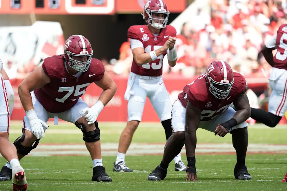 Sep 13, 2025; Tuscaloosa, Alabama, USA; Alabama offensive lineman Wilkin Formby (75) and Alabama offensive lineman Jaeden Roberts (77) line up to block as Alabama quarterback Ty Simpson (15) calls the snap count at Saban Field at Bryant-Denny Stadium. Gary Cosby-USA TODAY Network via Imagn Images