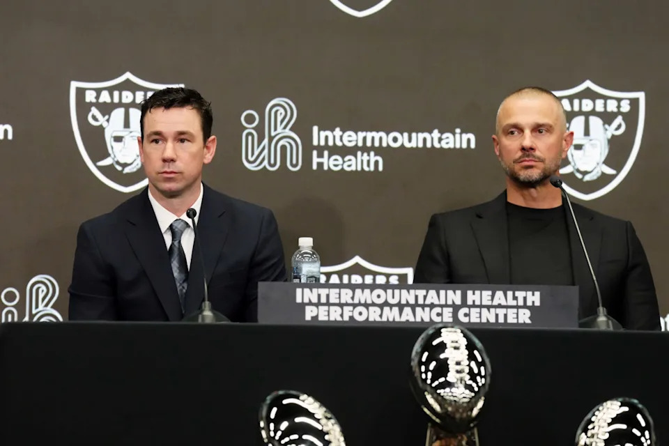 Las Vegas Raiders coach Klint Kubiak (left) and general manager John Spytek. Credit&colon; Kirby Lee-Imagn Images