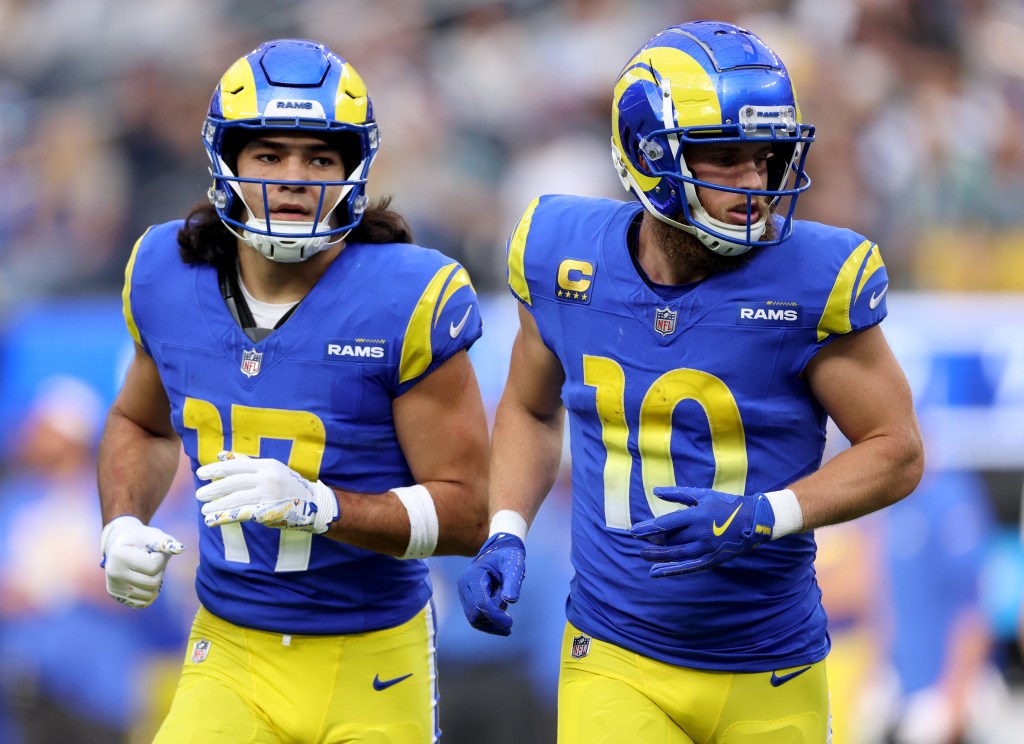 Cooper Kupp #10 and Puka Nacua #17 of the Los Angeles Rams in their uniform.
