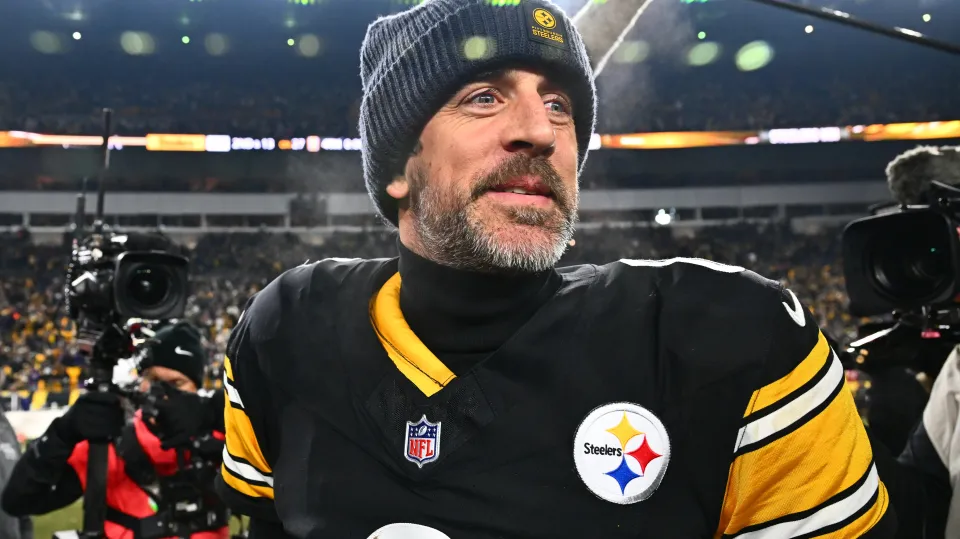 Aaron Rodgers #8 of the Pittsburgh Steelers looks on after defeating the Baltimore Ravens at Acrisure Stadium on January 04, 2026 in Pittsburgh