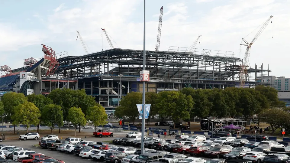 A view of Nissan Stadium and construction of the New Nissan Stadium prior to the game between the Tennessee Titans and Los Angeles Rams on September 14, 2025