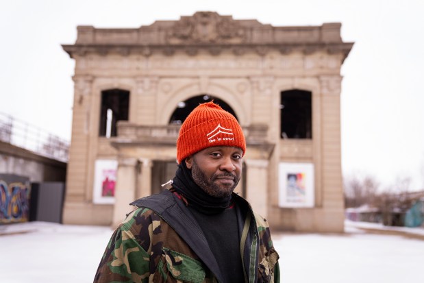 Gary native and steelworker Tyrell Anderson founded the Decay Devils, a group that has done restoration work in Gary. He's in front of Gary Union Station, Feb. 5, 2026. (E. Jason Wambsgans/Chicago Tribune)