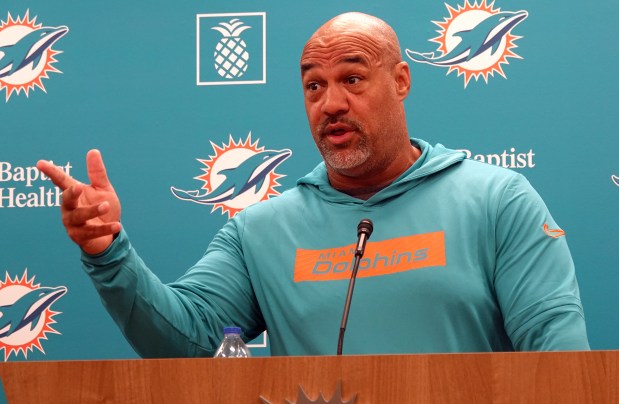 Dolphins running backs coach Eric Studesville speaks with the media on Thursday, Oct. 31, 2024, at the Baptist Health Training Center in Miami Gardens, Fla. (Joe Cavaretta/South Florida Sun Sentinel)