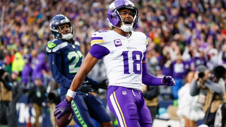 Justin Jefferson celebrates a touchdown against the Seahawks.