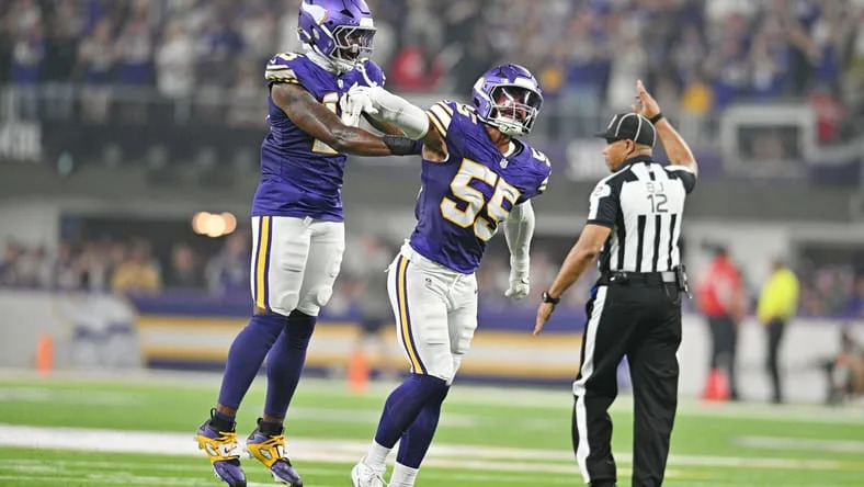 Eric Wilson celebrates after a defensive play during a Vikings home game.