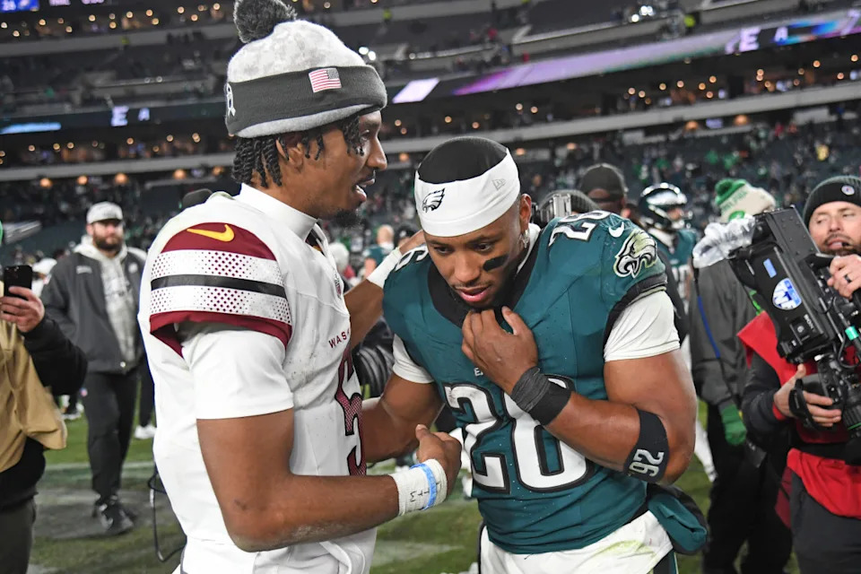 Washington Commanders quarterback Jayden Daniels and Philadelphia Eagles running back Saquon Barkley.Eric Hartline-Imagn Images