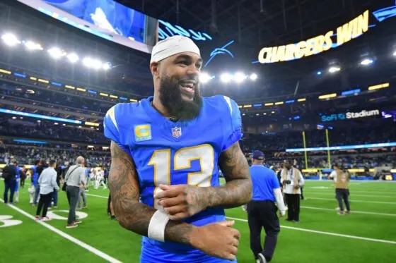 Los Angeles Chargers wide receiver Keenan Allen (13) celebrates after defeating the Philadelphia Eagles at SoFi Stadium on Dec 8, 2025.