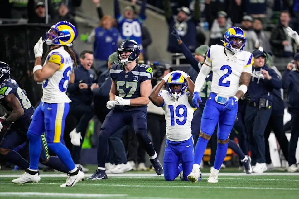 Xavier Smith (19) of the Los Angeles Rams reacts after a fumble recovered by the Seattle Seahawks in the NFC title game. AP