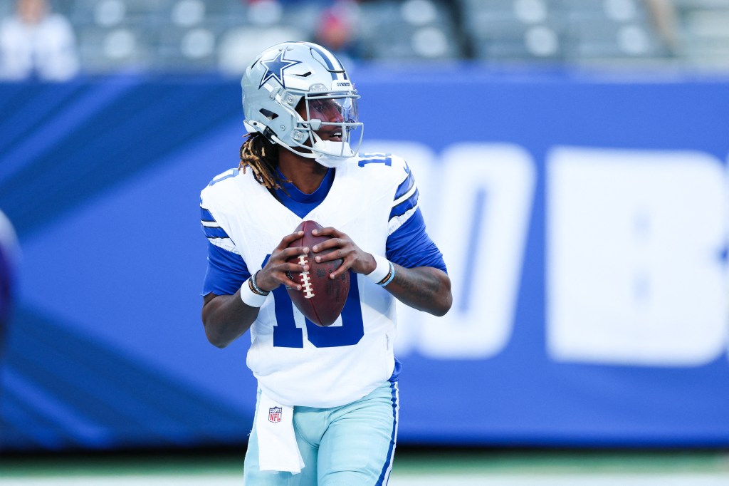 Dallas Cowboys quarterback Joe Milton III (10) drops back to pass.