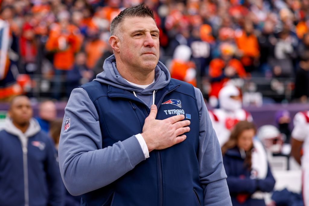Mike Vrabel of the New England Patriots stands for the national anthem prior to the AFC Championship game against the Denver Broncos at Empower Field At Mile High on January 25, 2026 in Denver, Colorado. (Photo by Lauren Leigh Bacho/Getty Images)