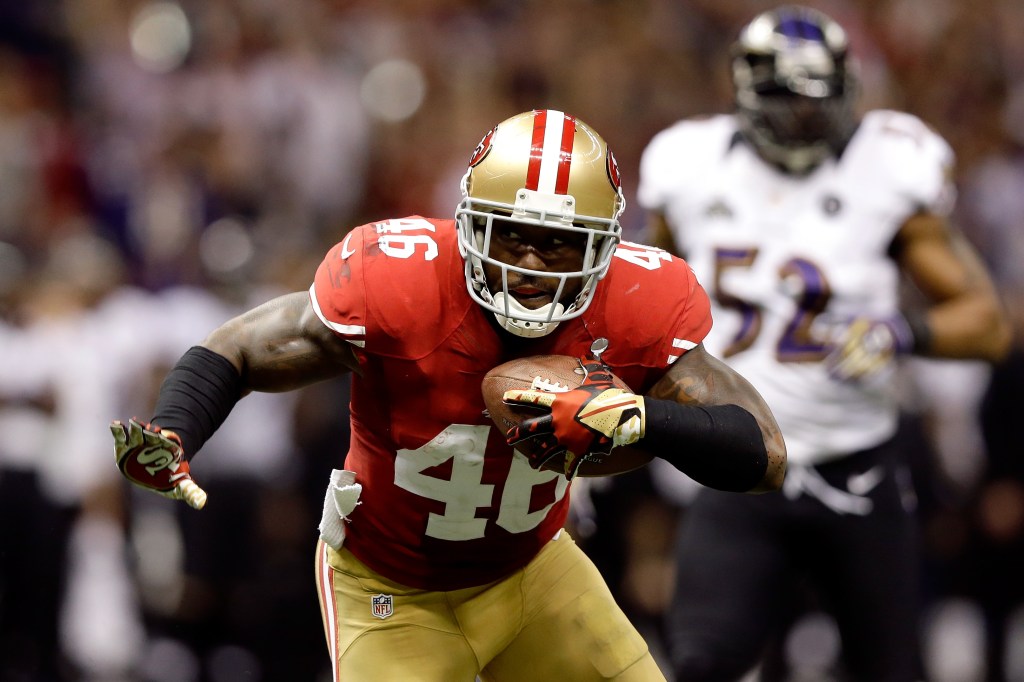 Delanie Walker of the San Francisco 49ers runs with the ball during Super Bowl XLVII.